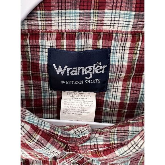 Vintage‎ Wrangler Western Pearl Snap Shirt Mens Size 2X Tall Red Plaid Pockets - Picture 3 of 6